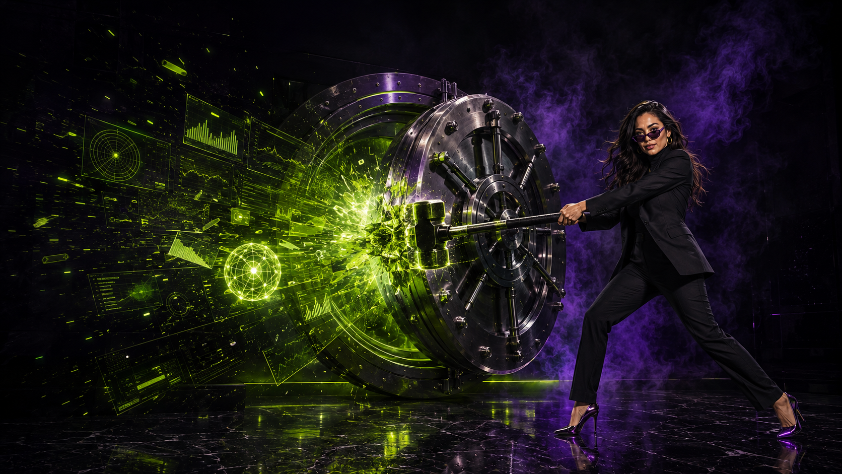 Lola in a black suit smashing open a giant bank vault with a sledgehammer, acid green data exploding out